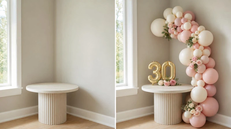 Before and after of a plain corner styled for a chic 30th birthday