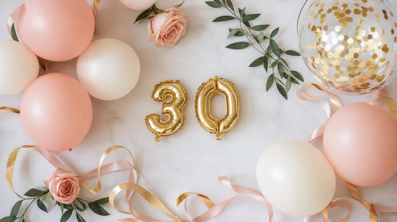 A 30th birthday color palette in blush and gold with balloon swatches