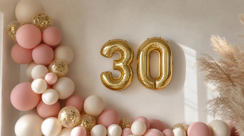 A chic 30th birthday balloon garland and backdrop in blush and gold