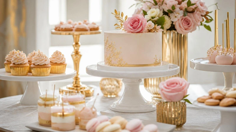 A chic 30th birthday dessert table with a gold-accent cake and treats