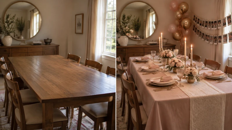 Before and after of a plain dining table styled for a 30th birthday dinner with a cloth, flowers, candles, place settings, and a photo garland