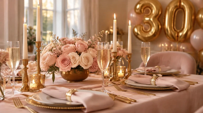A 30th birthday table in blush and gold with a blush tablecloth, roses, gold candlesticks, a 30 balloon, and place settings