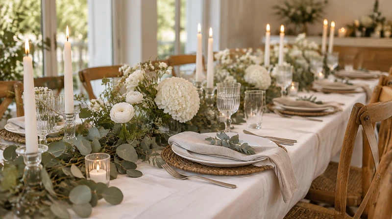A 30th birthday table in greenery and white with an eucalyptus runner, white tapers, white flowers, and linen napkins