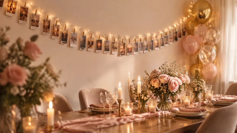 A string of 30 small photos clipped to twine above a 30th birthday table with a balloon cluster and warm lights