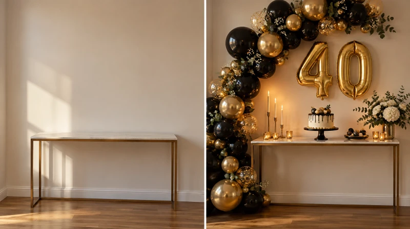 Before and after of a plain corner styled for a 40th birthday party