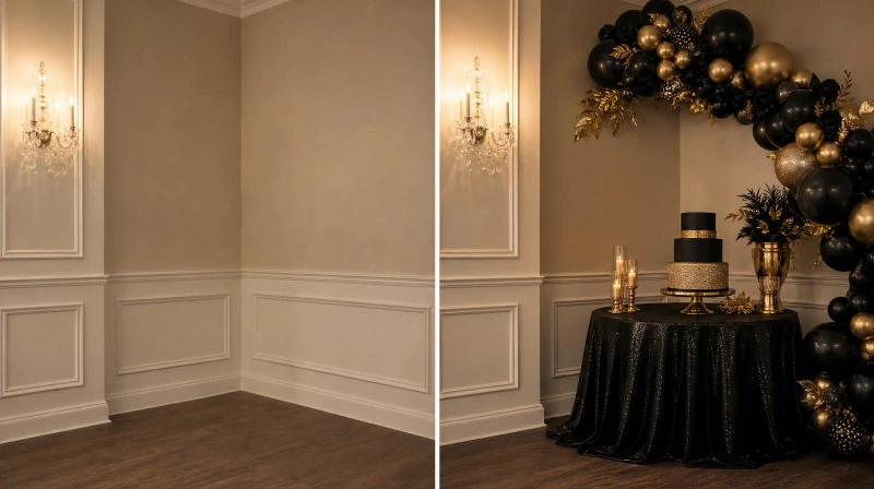 Before and after of a plain corner styled for an elegant 50th birthday