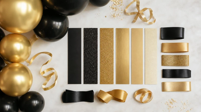 A 50th birthday color palette in black and gold with balloon and ribbon swatches