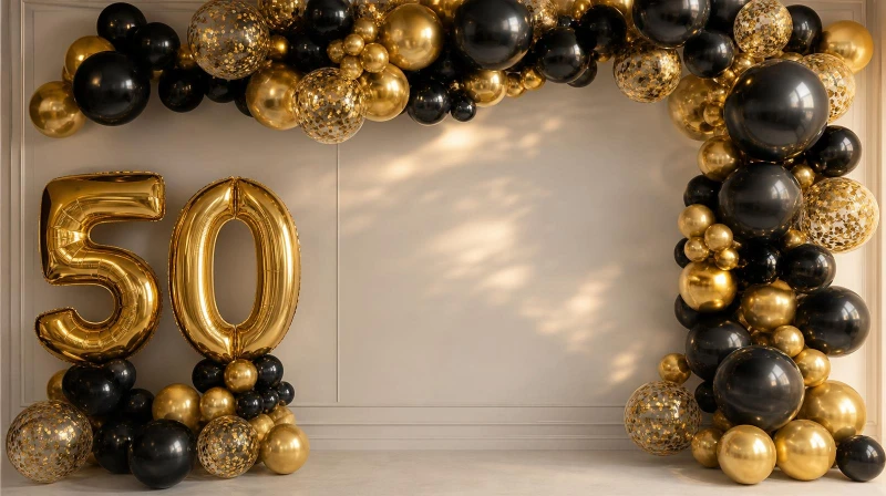 Elegant 50th birthday balloon garland and backdrop in black and gold