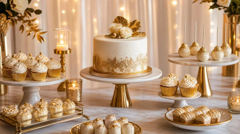 An elegant 50th birthday dessert table with a gold-accent cake and treats