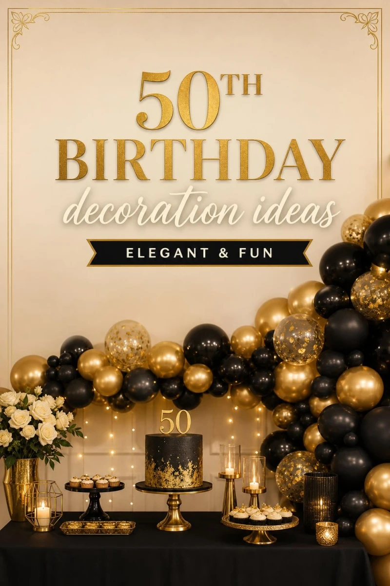 A Pinterest graphic with the text "50th Birthday Decoration Ideas" over an elegant black and gold party setup