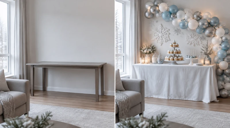 Before and after of a plain living room corner styled for a baby it's cold outside baby shower