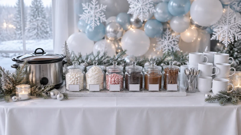 A hot cocoa bar with a slow cooker of cocoa, jars of marshmallows and toppings, white mugs, cinnamon sticks, and small signs