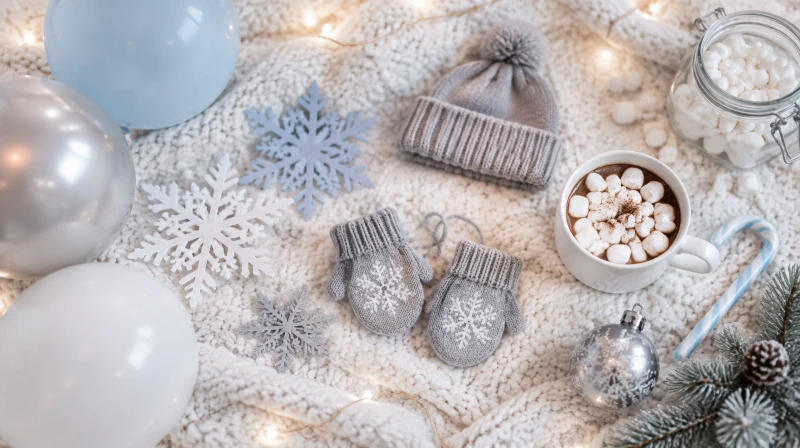 A baby it's cold outside baby shower color palette with white, ice blue, and silver balloons, paper snowflakes, knit baby mittens, a hat, a cocoa mug, and marshmallows