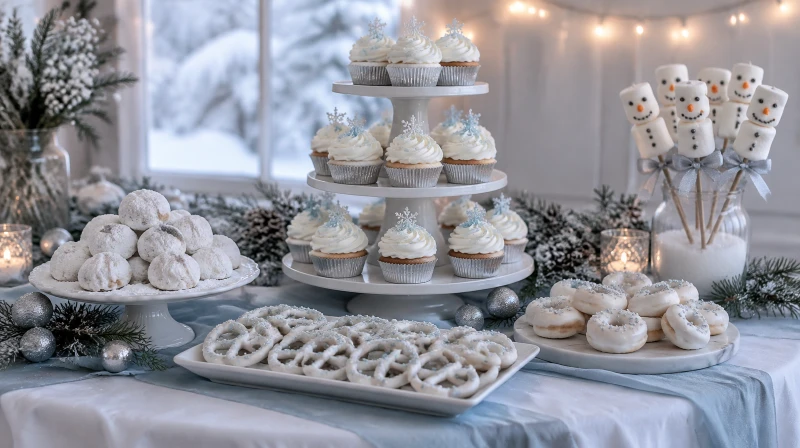 A winter baby shower dessert table with snowball cookies, white chocolate pretzels, mini donuts, cupcakes with white frosting, and marshmallow snowmen