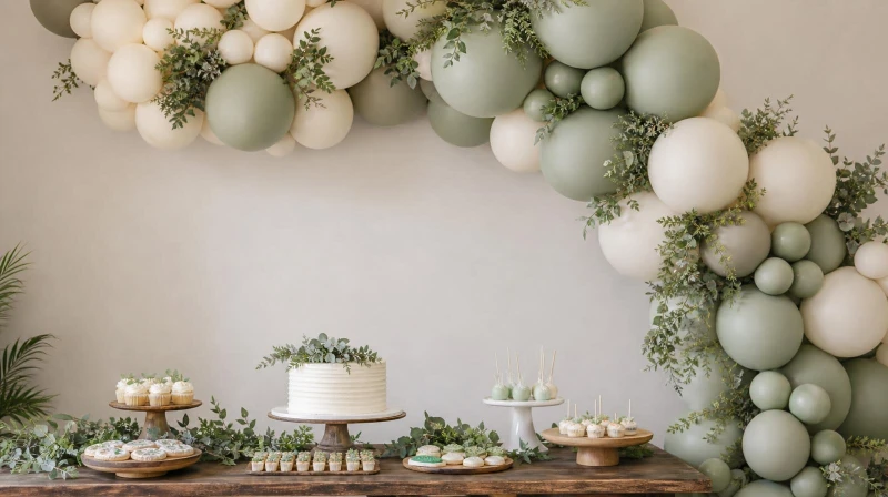 A baby shower dessert table with a balloon garland backdrop and treats at different heights
