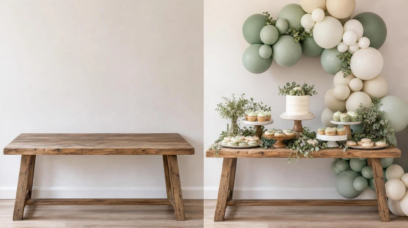 Before and after of a plain table styled into a baby shower dessert table