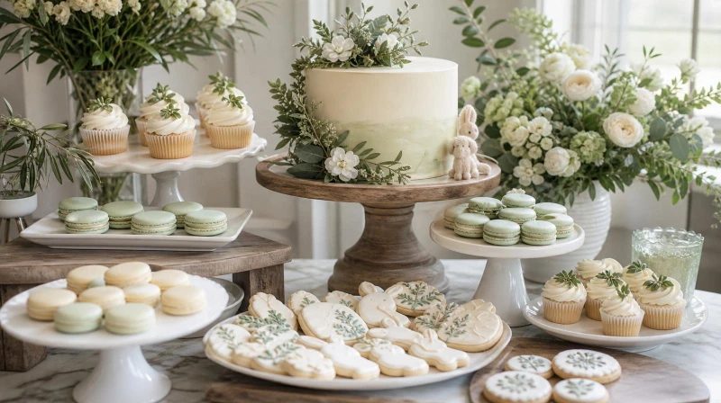 A baby shower dessert table showing cake stands and risers at varied heights