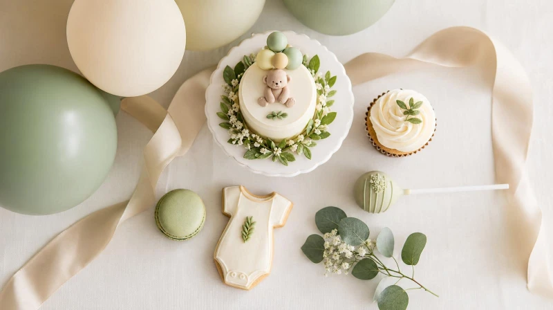 A baby shower dessert table featuring treats in a cohesive color palette