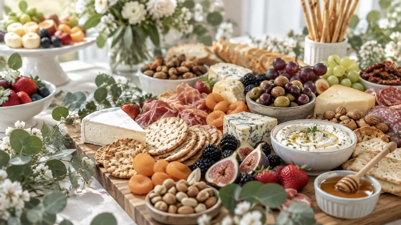 A baby shower grazing table with cheese, fruit, crackers, and dips