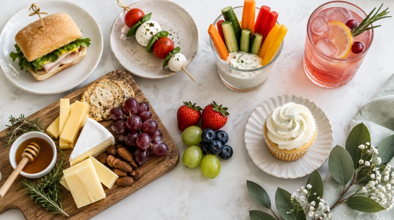 Baby shower food and dessert display styled with pastel color palette ribbons and floral decor