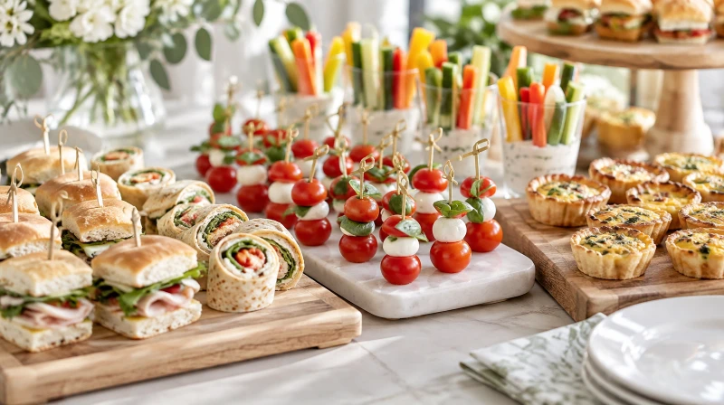 Baby shower savory finger foods like mini sandwiches, skewers, and veggie cups