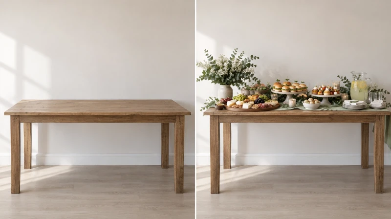 Before and after of a plain table set up as a styled baby shower food table
