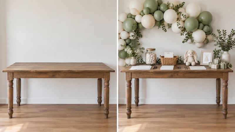Before and after of a plain table turned into a styled baby shower game corner