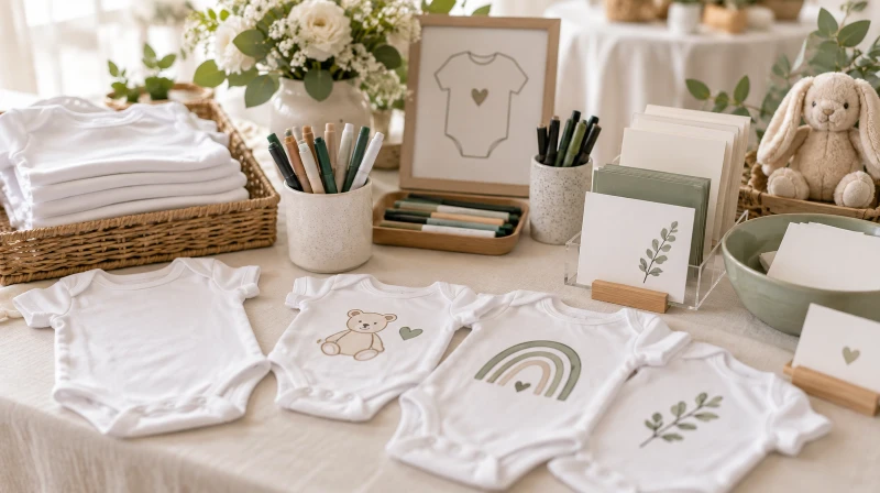 A baby shower keepsake activity with a decorate-a-onesie station
