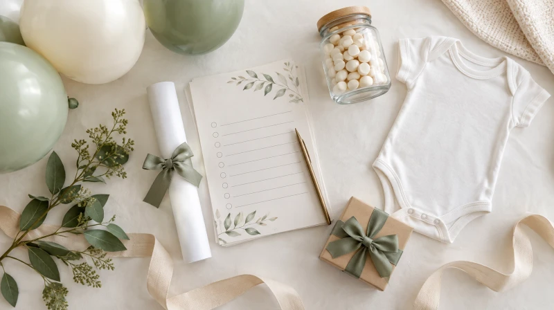 Baby shower game supplies flatlay showing printed cards, onesie, guessing jar, ribbons, and prizes