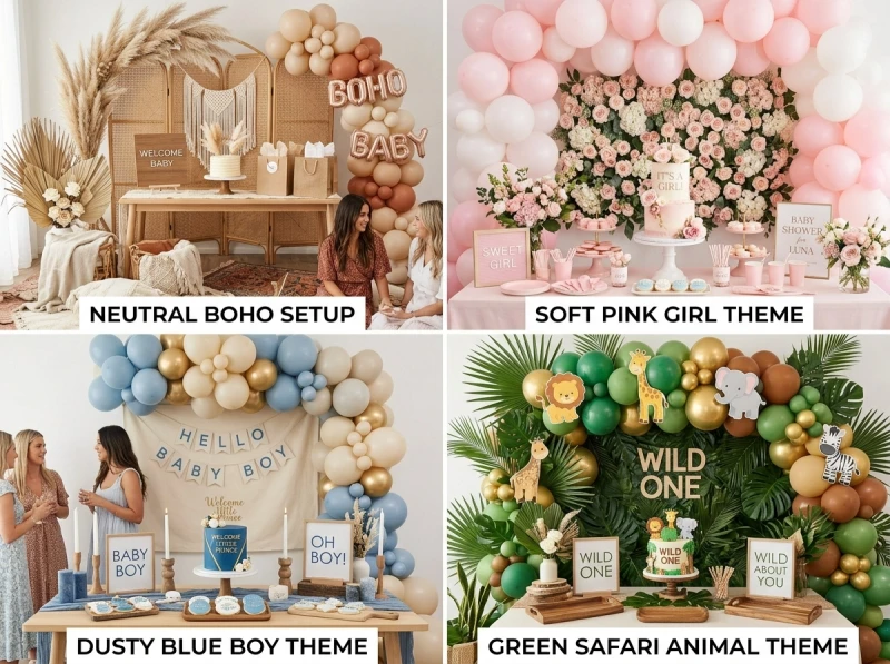 A collage-style guide to baby shower themes and styles