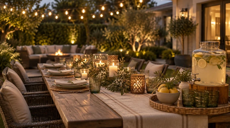 A backyard party table with a runner, low centerpiece, and a drinks station