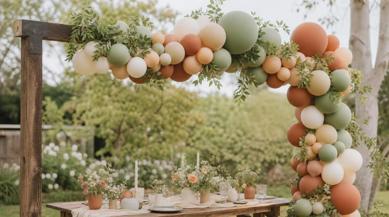 A lush boho balloon arch styled outside at a garden party, attached to a wooden backdrop stand next to a beautifully set table.