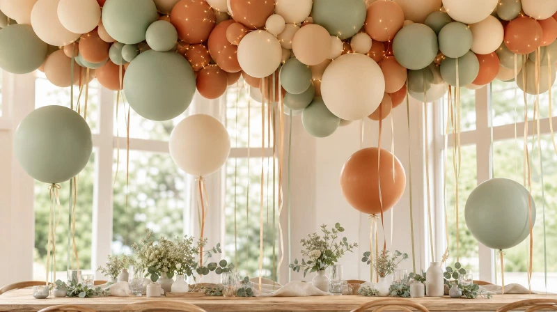 Balloon ceiling ideas with clusters of balloons and ribbon tails over a party