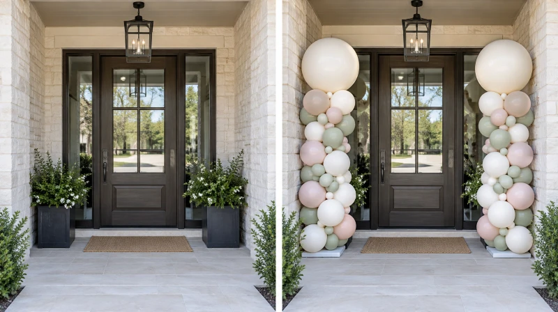 Before and after of a plain doorway framed with a pair of balloon columns