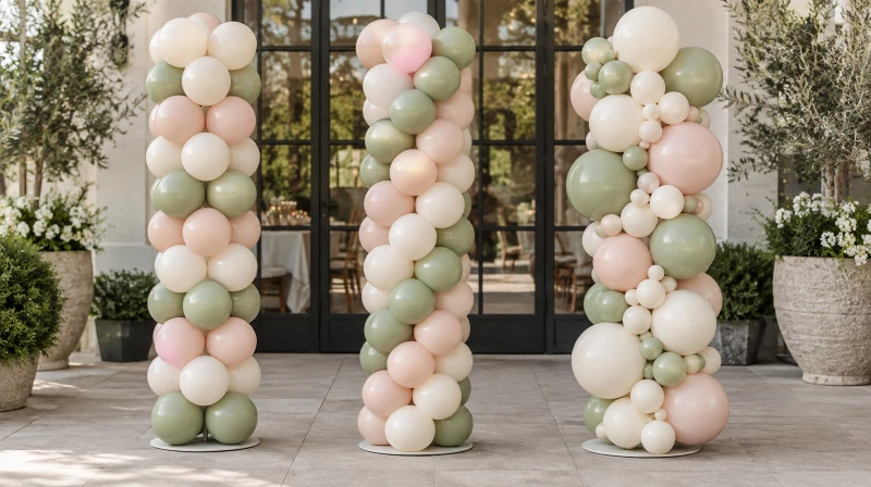 Balloon column ideas showing classic, spiral, and organic tower styles