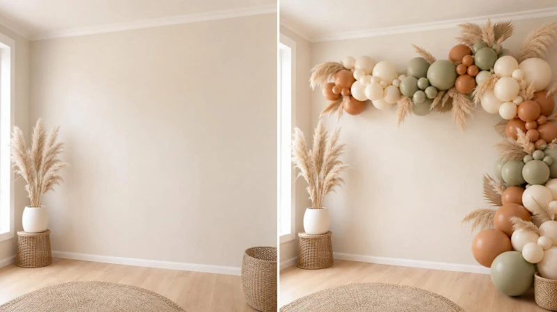 Before and after of a bare wall transformed with a DIY balloon garland