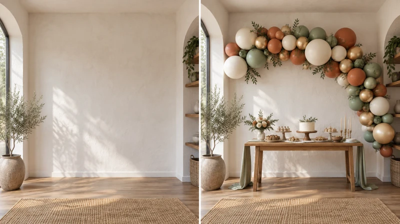 Before and after of a plain wall with a color-coordinated balloon garland added