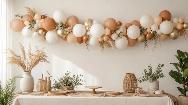 DIY balloon garland hung on a wall with command hooks