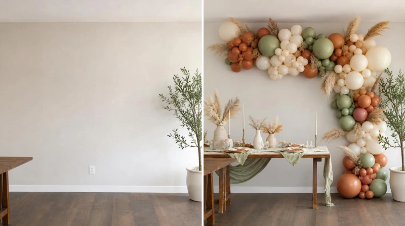 Before and after of a bare wall with a full balloon garland made from a kit