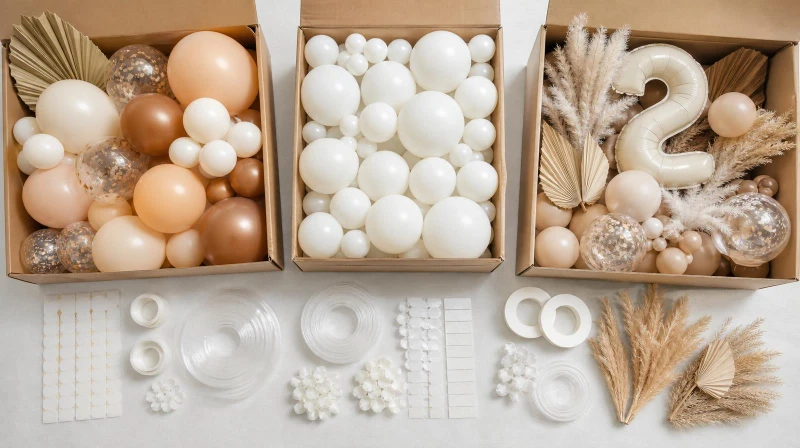 Different types of balloon garland kits: a themed kit, a bulk single-color pack, and a kit with accessories