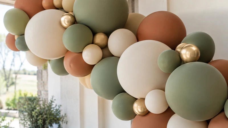 A styled balloon garland showing mixed shades, sizes, and a little metallic accent