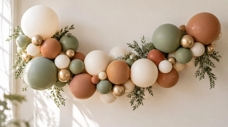 A neutral boho balloon garland in cream, sage, terracotta, and gold