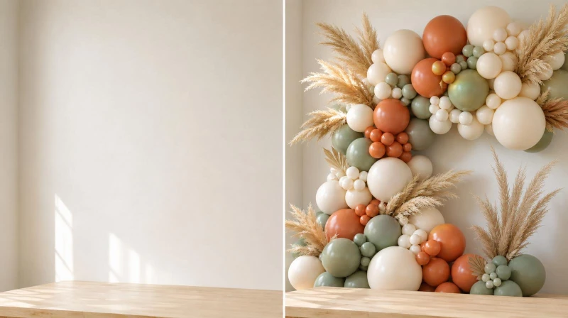 Before and after of a bare wall covered with a full balloon wall