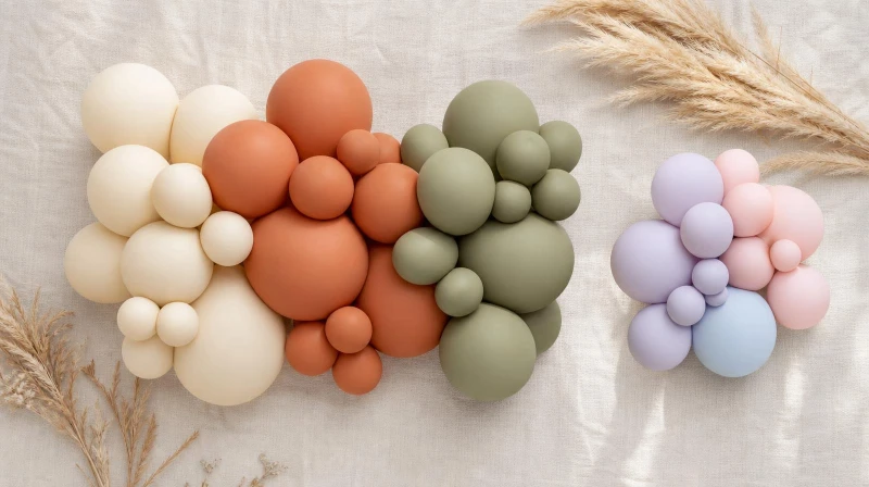 Balloon wall color combo ideas in boho neutral and pastel palettes