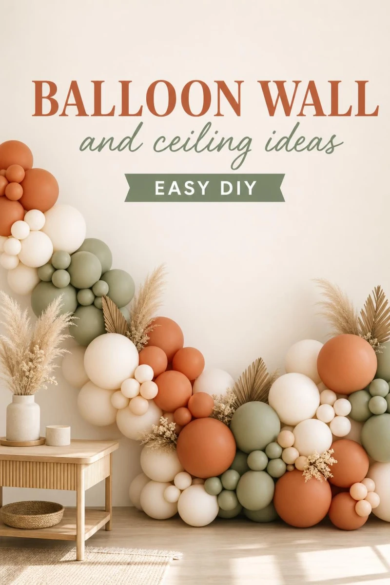 A Pinterest graphic with the text "Balloon Wall & Ceiling Ideas" over a full balloon wall backdrop
