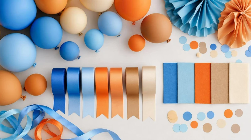 Bluey party color palette flat-lay in blue, orange and tan