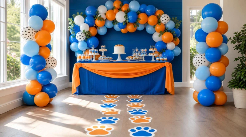 Bluey party decorations with blue and orange balloon backdrop