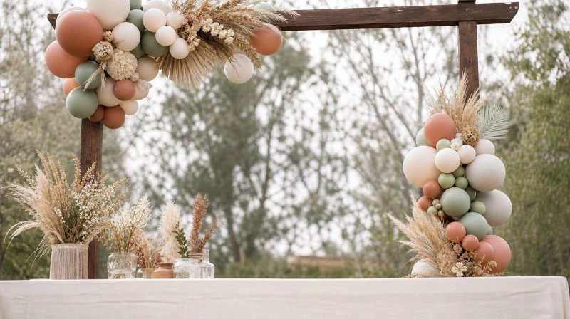 A boho baby shower wooden arch with a balloon garland, pampas, and dried florals