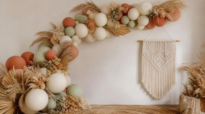 Boho baby shower backdrop with a neutral balloon garland and pampas grass