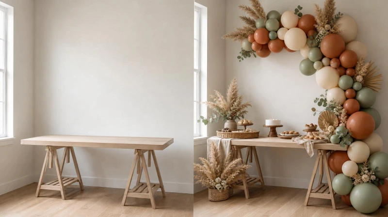 Before and after of a bare wall turned into a boho baby shower backdrop